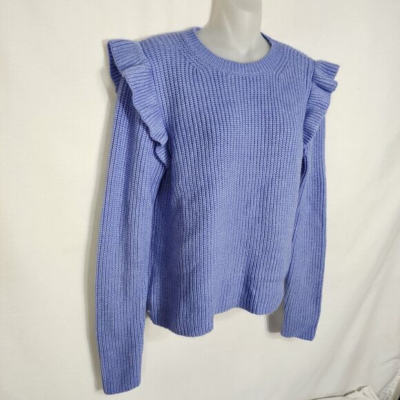 Ann Taylor Women Sweater Size Medium Blue Ruffle Shoulder Long Sleeve Wool Blend - Picture 4 of 10